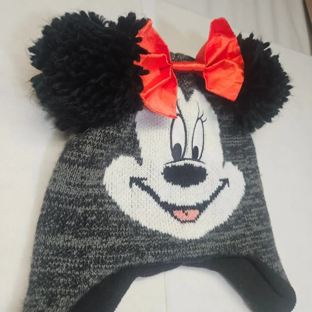 Disney Minnie Mouse Laplander Hat - Black Fleece Lined with Red Satin Bow - OS